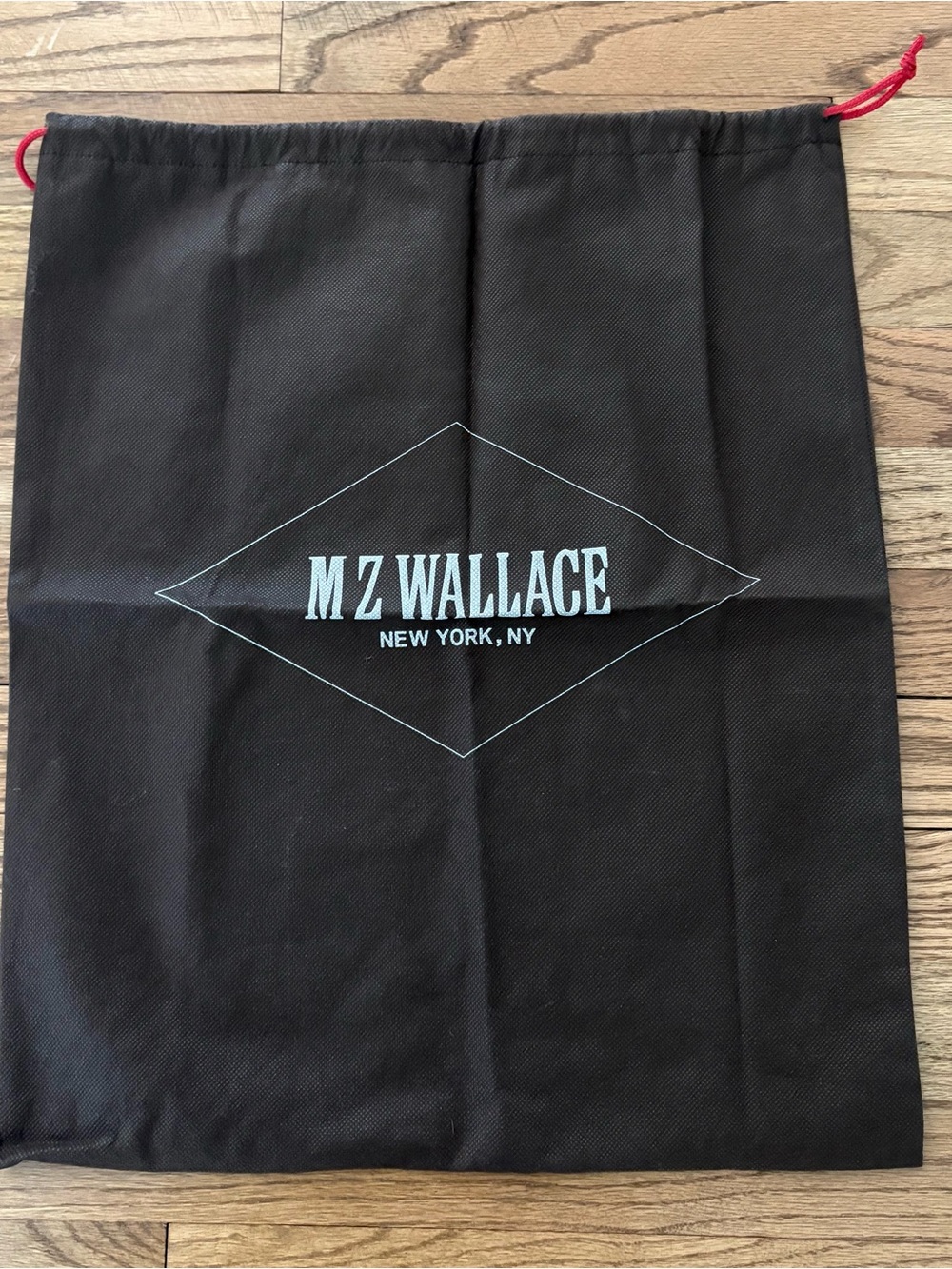 MZ Wallace Brown Drawstring Dust Bag with White Logo and Red Cord